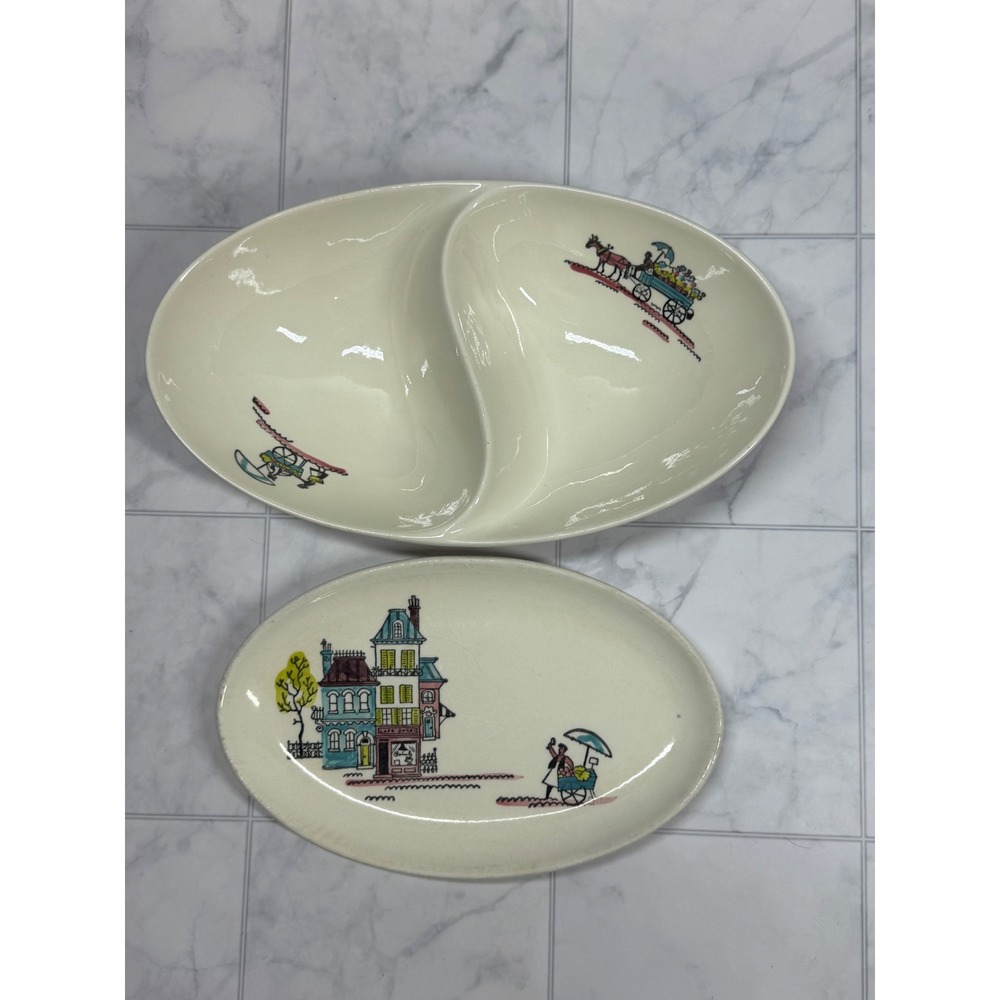Metlox Poppytrail Relish Dish & Platter Set French Cafe Street Scene 1950s